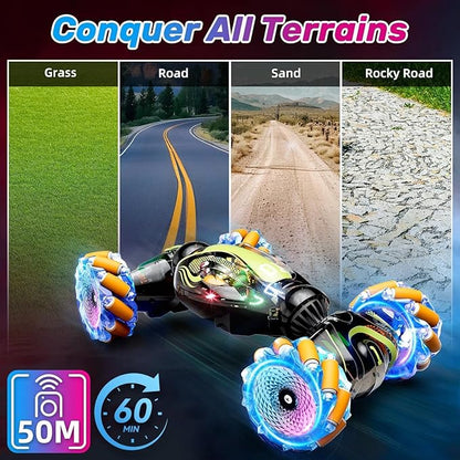 Gigilli Gesture Sensing RC Stunt Car with Spray Music Lights Remote Control Car Boys Toys Age 5-7 6-8 9 10 11 12 Birthday Easter Gifts Boys for Kids Grandkids Ages 4 7 13 Years Old 4WD Twist Drift