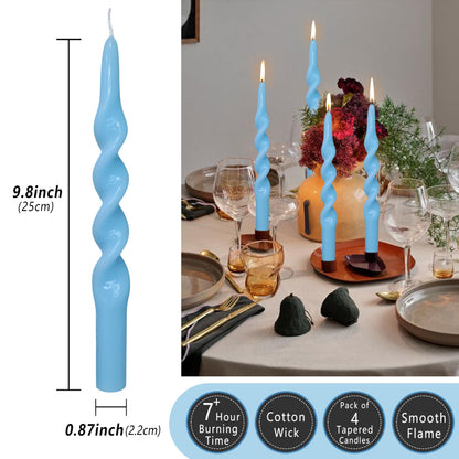Blue Spiral Taper Candles Blue Candlesticks 4 PCS Cute Candle Stick Long Tapered Candles Decorative Handmade Twisted Candle for Dinner Home Weddings Festive