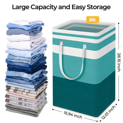HomeHacks 2-Pack Large Laundry Basket, Waterproof, Freestanding Laundry Hamper, Collapsible Tall Clothes Hamper with Extended Handles for Clothes Toys in the Dorm and Family (Green, 88L)