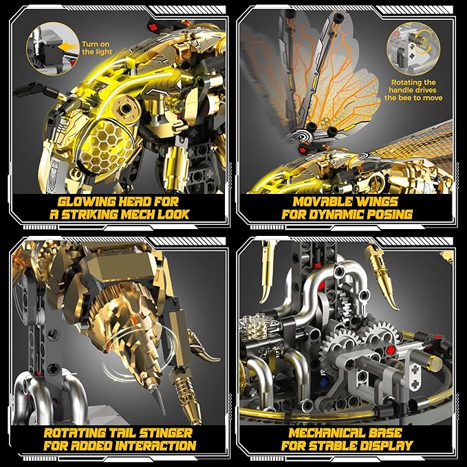 Mechanical Bee Building Blocks Kit for Adult Technic Bee Buildings Set for Adults with LED Light &amp Display Stand Robot Animal Building Toy with Moving Wings for Adults &amp Kids 832Pcs