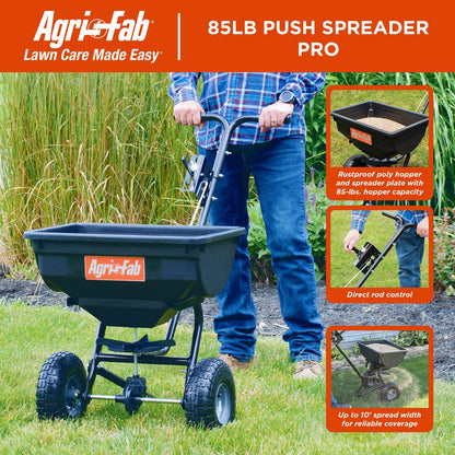 Agri-Fab Push Spreader Pro for Seed, Fertilizer and Lawn Care, 85 lb Capacity with 10 Ft Spread Width and Pneumatic Tires