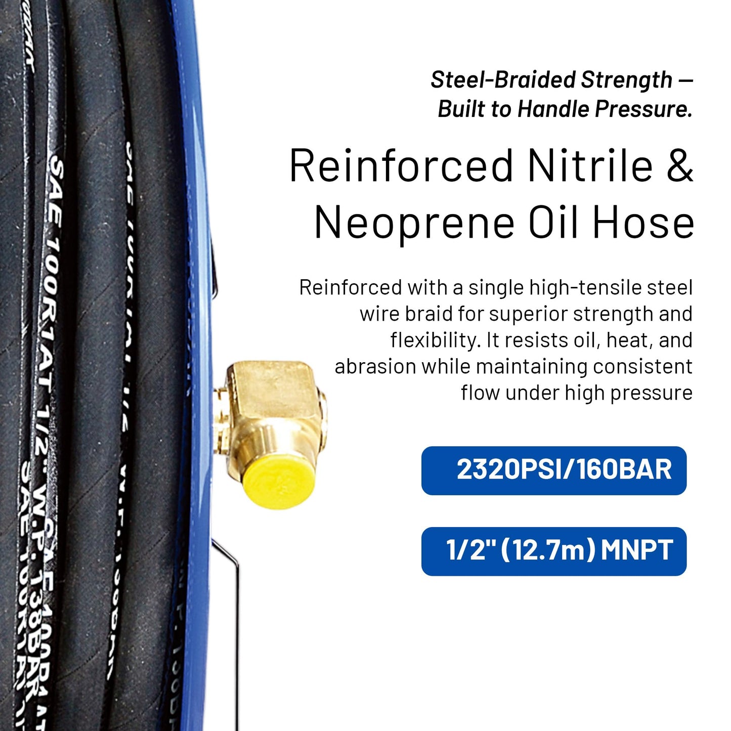 Goodyear Oil Hose Reel Retractable 1/2" Inch x 50' Foot Long Premium Commercial SAE 100R1AT Hose Max 2320 Psi Steel Construction Elite Heavy Duty Industrial Spring Driven Dual Arm and Pedestal