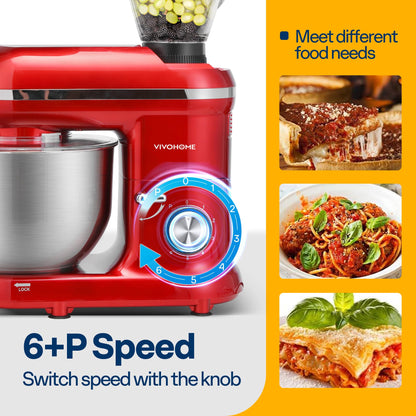 VIVOHOME 3-in-1 Stand Mixer, 6 Quart Electric Tilt-Head Kitchen Mixer with Bowl, Multifunctional Food Mixer with Meat Grinder and Blender Attachments, Dough Hook, Beater, and Whisk, Red