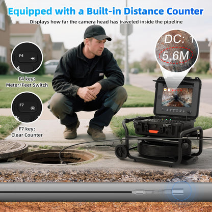 Sanyipace Self-Leveling Sewer Camera 165FT/50M with Wheels and Retractable Handle, Drain Camera with 512Hz Probe, Meter Counter, Video & Audio Record Speaker, Keyboard Input, 5X Zoom, 10" HD Screen