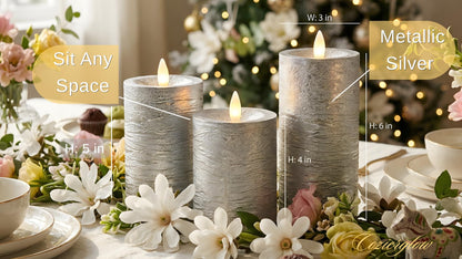 CozierGlow Shiny Metallic Silver Flameless Pillar Candles, Patented 3D Realistic Moving Flickering Flame with Remote Timer, Battery Operated 400hrs for Wedding, Holiday, Party, Decor, Gift(Set of 3)