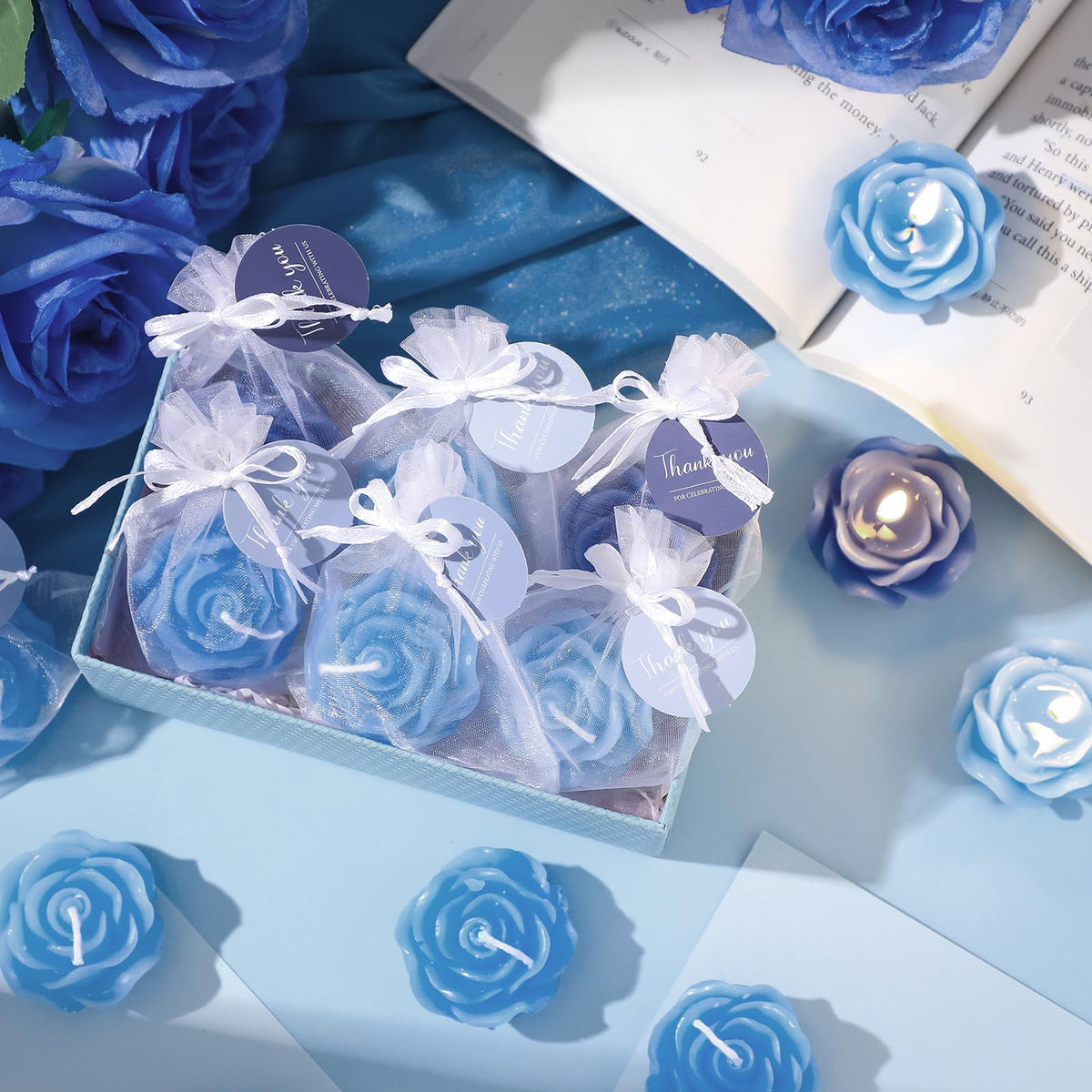 Treela 50 Set Flower Candles Wedding Favor for Guests Mini Blue Rose Shaped Tealight Candles for Return Gift Wedding Birthday Bridal Shower Housewarming Party