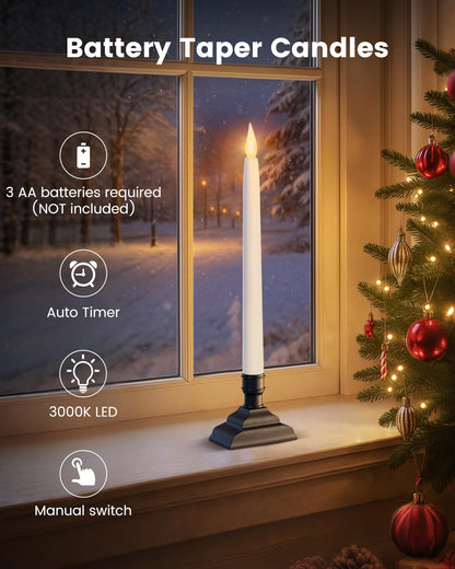 SURAIELEC 10.5'' Battery Window Taper Candles with Timer, 3000K Warm White, Flameless LED Candle for Christmas Window, Mantel, Dining Table, Matt Black, 4 Pack (Rechargeable Batteries Not Compatible)