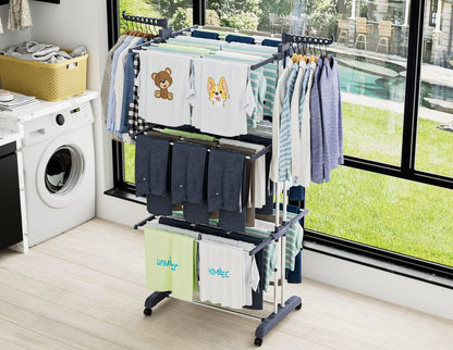 HOMIDEC Clothes Drying Rack, Oversized 4-Tier(67.7" High) Foldable Stainless Steel Drying Rack Clothing, Movable Drying Rack with 4 castors, 24 Drying Poles and 14 Hooks for Bed Linen, Clothing, Grey