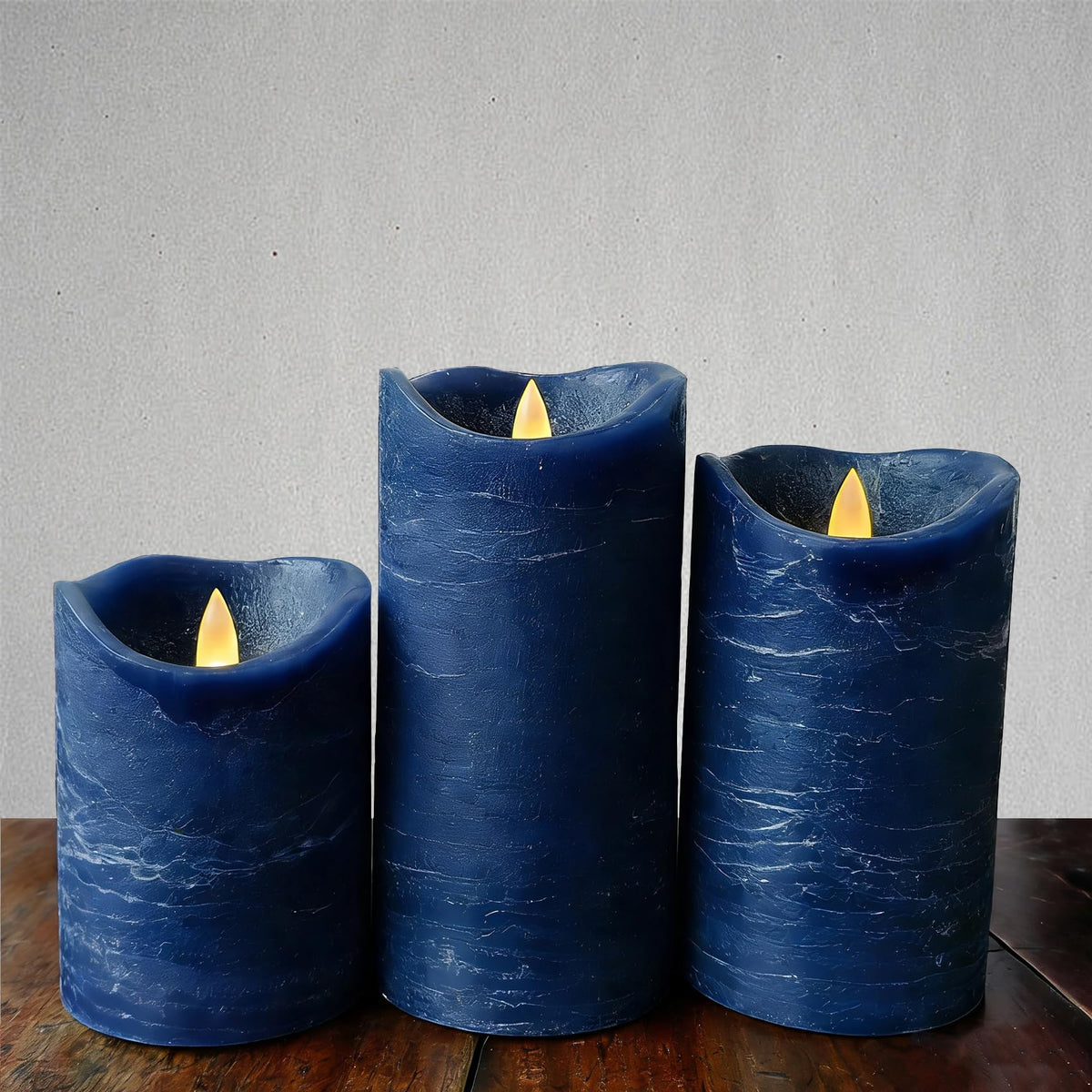 EZiKitchen Real Wax Flameless Candles Set of 3 (D 3" x H 4" 5" 6") Battery Operated LED Candle with Timer Home Decorative Pillar Flickering Lights,Wedding Party Events Decor,Navy Blue
