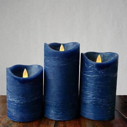 EZiKitchen Real Wax Flameless Candles Set of 3 (D 3" x H 4" 5" 6") Battery Operated LED Candle with Timer Home Decorative Pillar Flickering Lights,Wedding Party Events Decor,Navy Blue