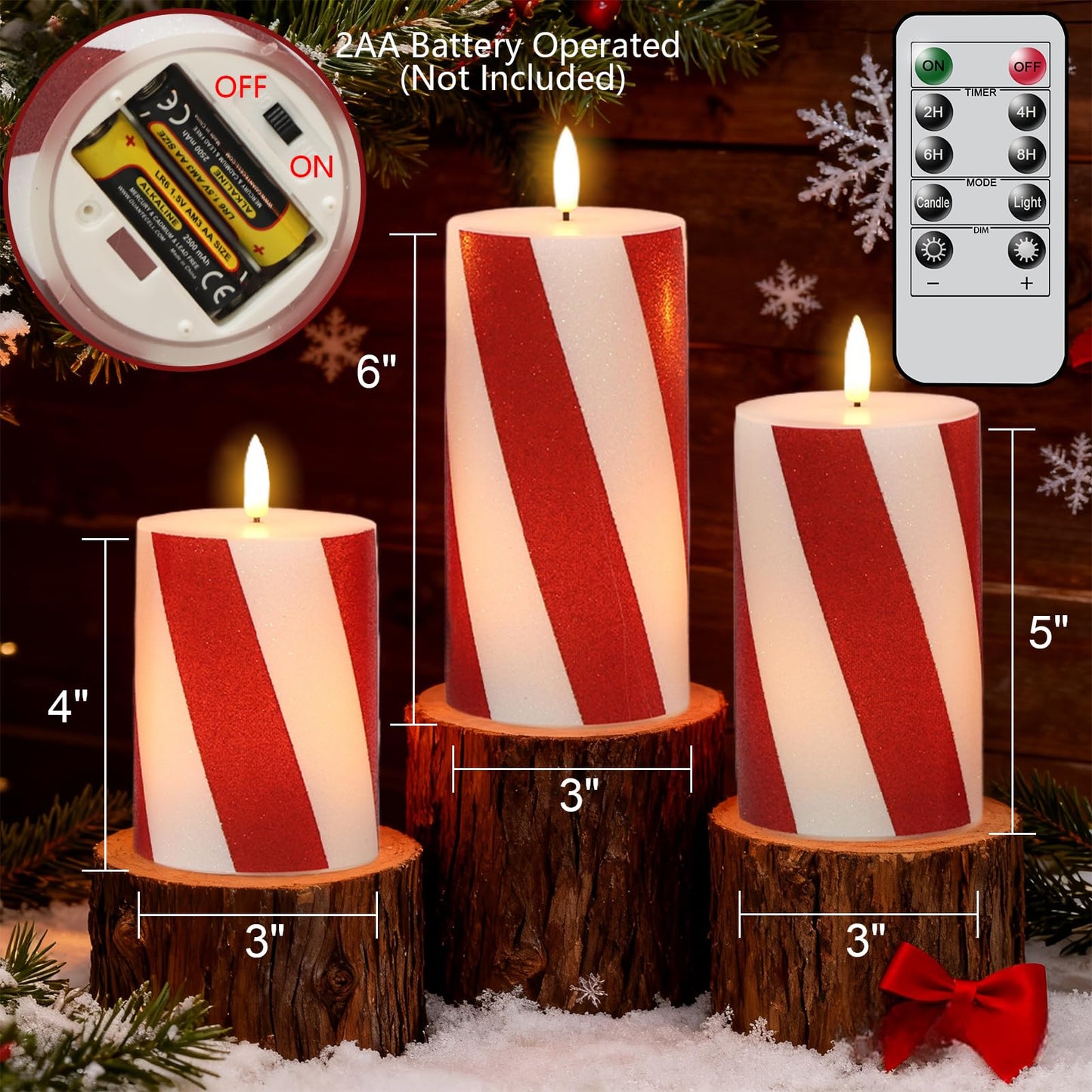 Wondise Christmas Red Stripes Glitter Flickering Flameless Candles with Remote Timer, Battery Operated Pillar Candles Real Wax LED Candles for Home Christmas Decoration Gift(D3 x H4 x5 x6)