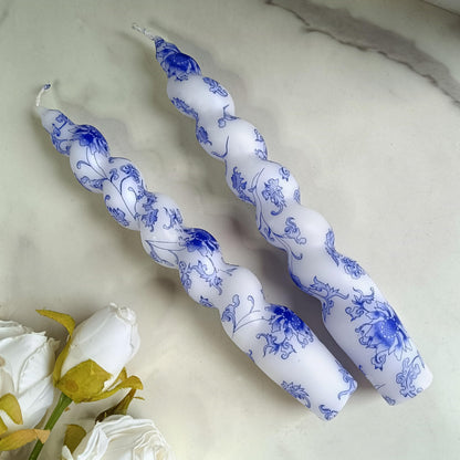 NJAO HOO Floral Taper Candles 7.5 in Spiral Candlesticks Hand Printed Blue Flower Candlestick Twisted Taper Candle for Home Garden Decor Simple Modern, 2Pcs