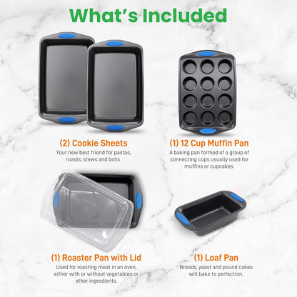 NutriChef 6-Piece Baking Pan Set - Nonstick Carbon Steel Bakeware with Blue Silicone Handles | Includes Cookie Sheets, Roaster Pan, Loaf Pan & Muffin Pan (Gray)