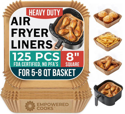 Cathy Yoder's AirFryer Paper Liners, 125 PCS 8-inch Square Air Fryer Liners Disposable, Premium, Food-Grade Easy Cleanup Air Fryer Parchment Paper Sheets, Airfryer Liner for 5-8QT, Baking & Roasting