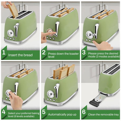 SUSTEAS Toaster 4 Slice Wide Slot, Stainless Steel Bread Bagel Toasters, Retro Long Slot Tostadora for Defrost, Reheat, Removable Crumb Tray, 1500W, 6 Browning Settings, Retro Green