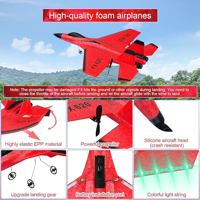 RC Airplane 2CH RC Plane 2.4GHz Remote Control Plane RTF SU35 RC Jet Easy to Fly FX620 Airplane Toys rc Planes for Adults Kids and Beginner with Night Lights（Red）