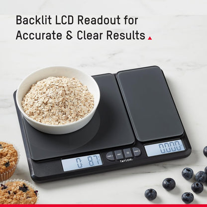 Taylor Dual Platform Food Kitchen Scale, Digital Grams and Ounces for Weight Loss, Baking, Cooking, Meal Prep, Spices, and Coffee, Backlit Display, Glass Platforms, 15lb, and 16oz Capacity, Black