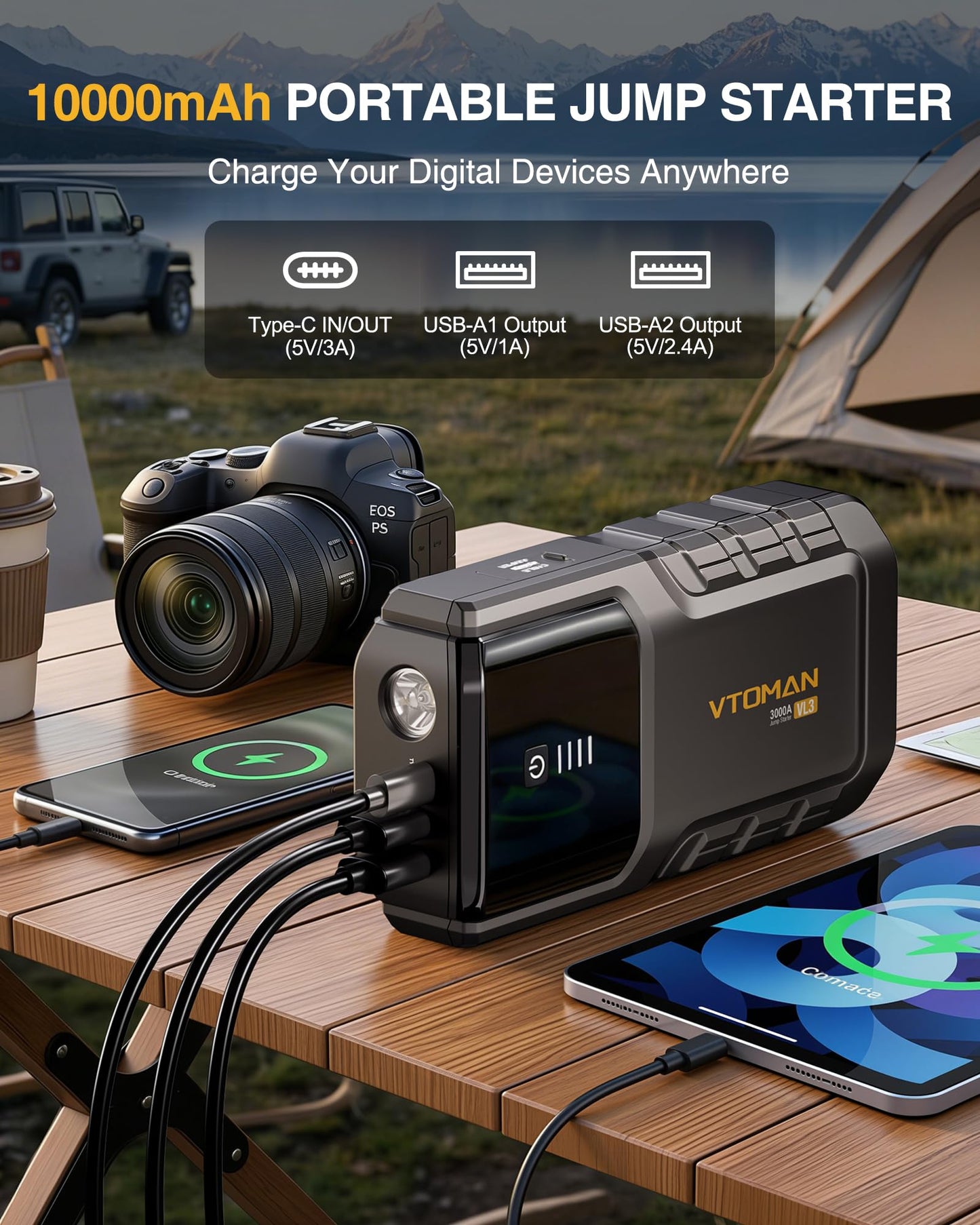 VTOMAN VL3 Jump Starter Upgraded with LiFePO4 Battery, 3000A Portable Car Battery Booster for Up to 7.0L Gas and 5.0L Diesel Engines, 12V Jump Box with LED Flashlight, Jumper Cable, Storage Bag