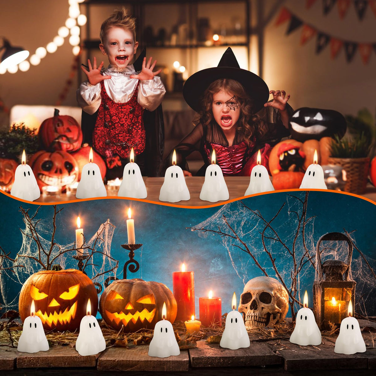 EBaokuup 10 PCS 2'' X 1.6'' Halloween Ghost Candles, Ghost Shaped Decor Candles, Fun Face Spooky Burning Candle for Halloween Party Home and Table Decorations