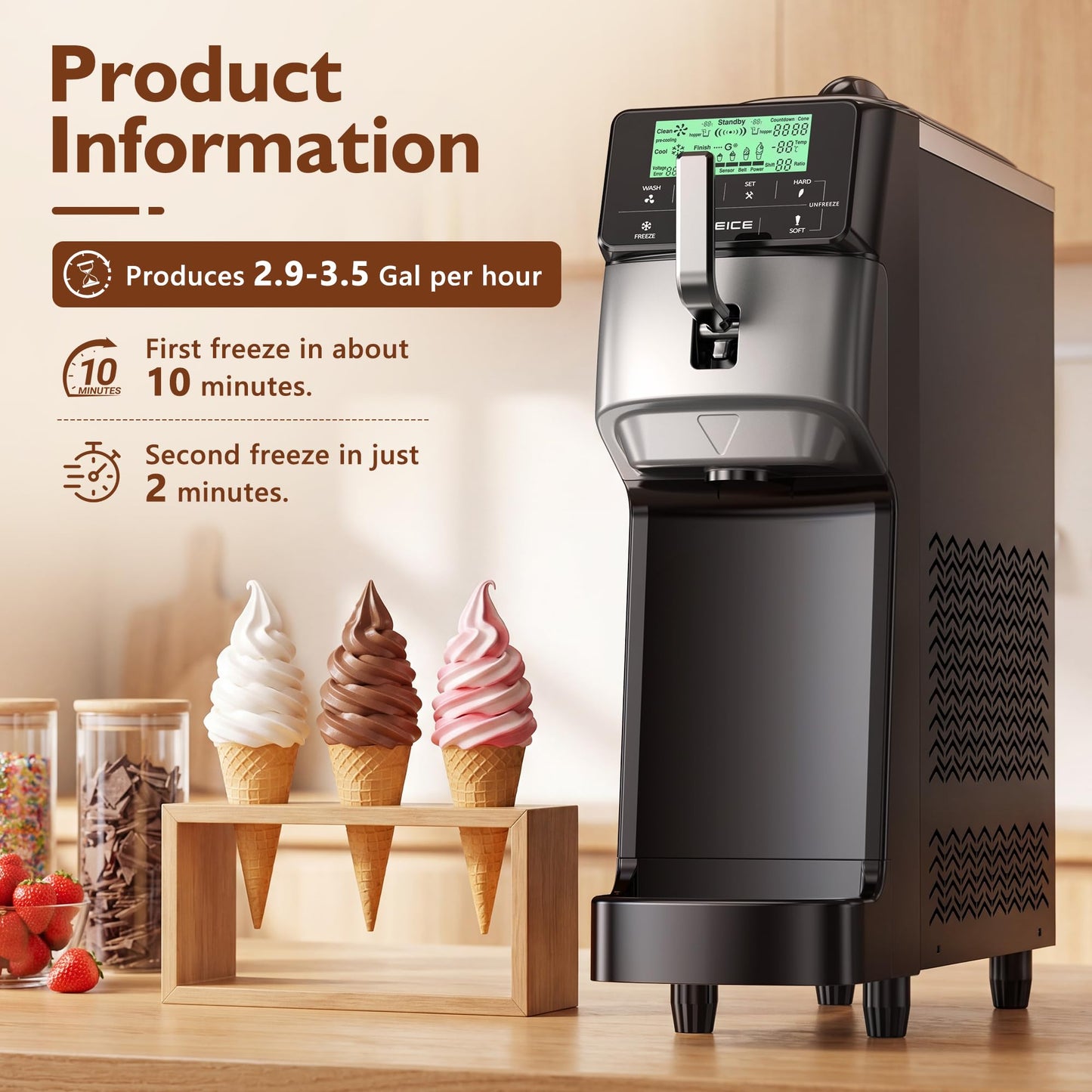 Soft Serve Ice Cream Machine – 3.5 Gal/H Single Flavor Ice Cream Maker with 5" HD Display, Pre-Cooling Function & 1.6 Gal Hopper, Ideal for Cafés, Restaurants, Bakeries and Commercial Use