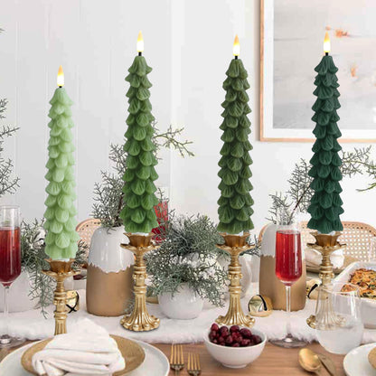 FCMSHAMD Gradient Green Christmas Trees Flickering Flameless Candles with Remote and Timer, Real Wax 3D Flame Wick LED Candles, 9.8 Inch Battery Operated Candles for Christmas Home Decoration，4PCS