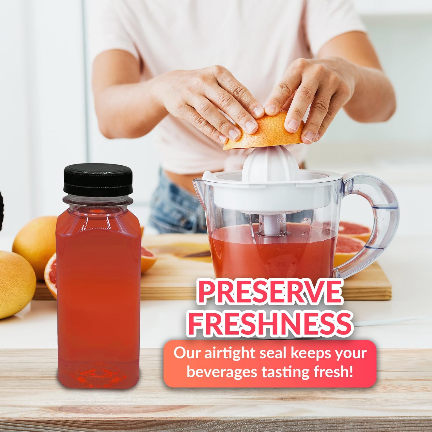 Reli. Plastic Juice Bottles [48 Bulk Pack] [8 oz] Square Plastic Juice Bottles with Caps & Sticker Labels | Clear, Empty for Juicing 8oz | Disposable, Reusable Containers for Juicing, Smoothies