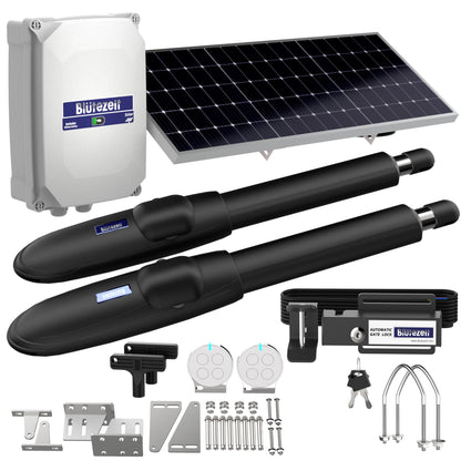 Blütezeit MS650 Swing Gate Opener with Electric Gate Lock – 1760lb Heavy-Duty Dual-Arm Gate Motor, 25W Solar Panel, Built-in Lithium Battery Control Box, Automatic Security Latch