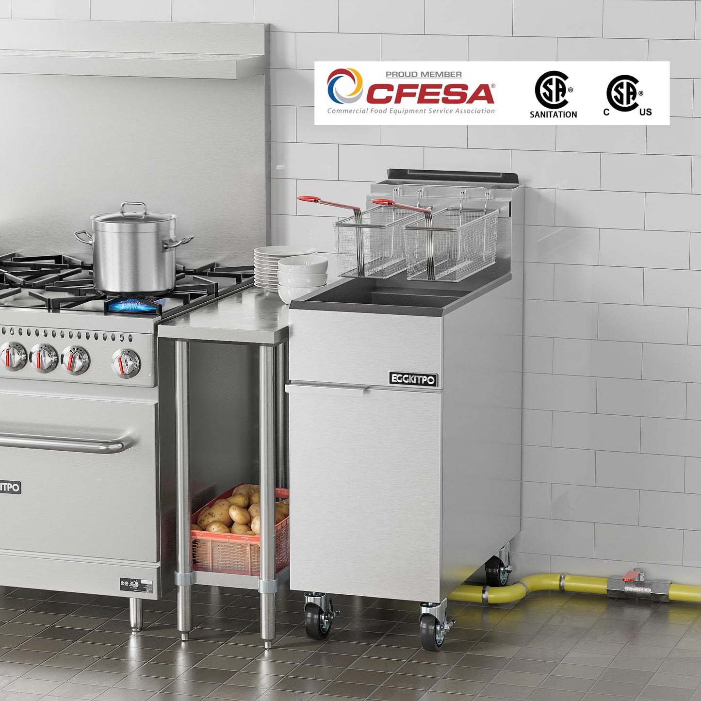 EGGKITPO (ECF3-NG) 40LB 90,000 BTU Natural Gas Fryer and 10L×2 Commercial Fryer with Timer and Basket Dual Tank Fryer(120v 3600w)