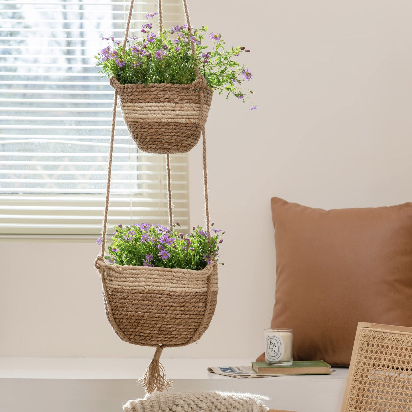 LA JOLIE MUSE Hanging Planter Basket Indoor Outdoor,Natural Seagrass Flower Plant Pots, Beige