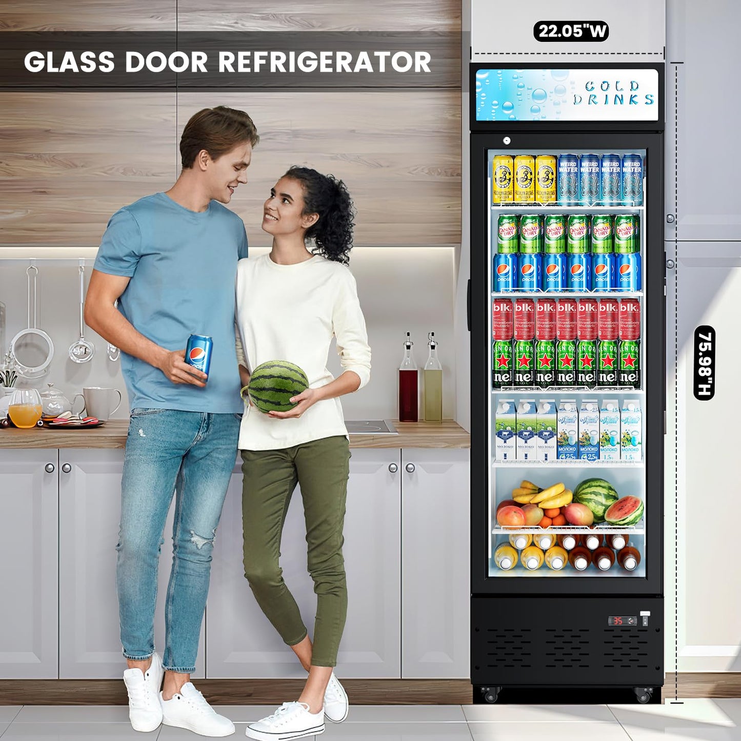 FreezLabs Glass Door Refrigerator Commercial Beverage Refrigerators with LED Light, 11 Cu.ft and 5 Shelves, Display Refrigerator for Cafe Restaurant Store Bar