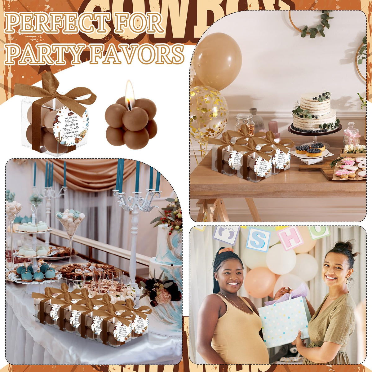 MTLEE 24 Sets Cowboy Baby Shower Favors Small Bubble Candle Baby Shower Favors for Guests Tea Candles Bulk with Stylish Ribbons Cards Gifts Party Decorations