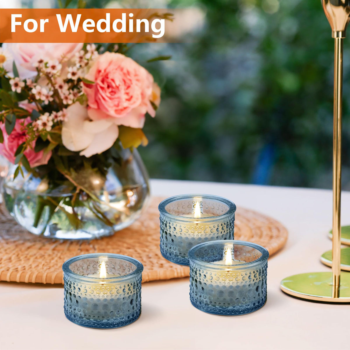 JOYIT Blue Votive Candle Holders Bulk Set of 12, Tealight Candle Holder for Wedding Table Centerpiece, Glass Small Candle Holders for Birthday Party, Valentine's Day, Home Decor (2''X 1.4'')