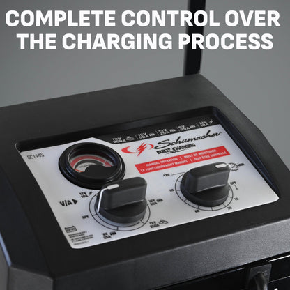 Schumacher Electric Wheeled Manual 10A Car Battery Charger and 250A Engine Starter, 2-in-1 Solution, 50A Boost, for 6V/12V Power Sport, Automotive, and Marine Batteries, SC1445