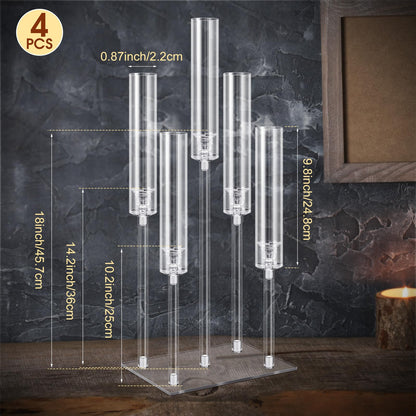 Hushee 4 Set 5 Arms Acrylic Candelabras Centerpieces with 20 Pcs LED Candles Clear Candle Holder Crystal Taper Candlestick with Rectangular Base for Dinner Party Table Fireplace Wedding Decoration