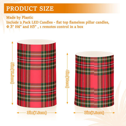 BOENLE Flickering Flameless Candles, Red Green Tartan Plaid Christmas LED Candles with Remote Timer, Set of 2 Battery Operated Candle for Valentine Wedding Birthday
