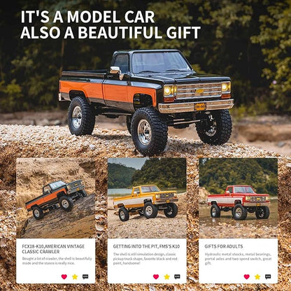 FCX18 FMS 1/18 Chevrolet K10 RC Truck Officially Licensed 4WD RC Crawler 2 Speeds Switch with LED Lights Off-Road RC Model for Adults (Yellow)