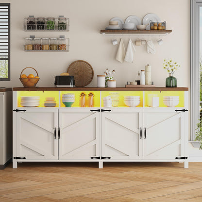 knoworld 63'' Buffet Sideboard with Storage with Power Outlets & LED Light 4 Doors, Large Farmhouse Kitchen Storage Cabinet Wood Coffee Bar Cabinet Buffet Table for Kitchen, Dining Room, Entryway