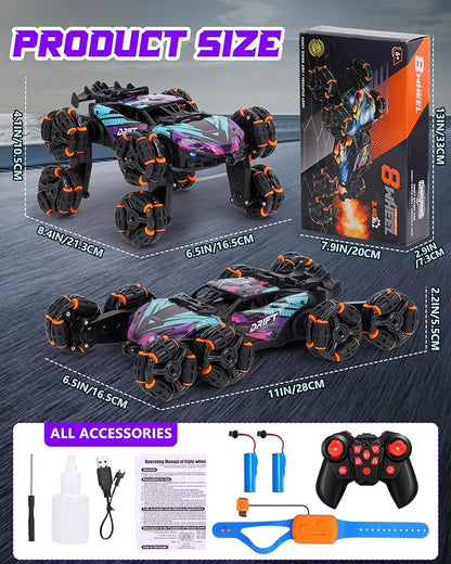 HuiJuKeJi 8WD RC Stunt Car with Gesture Sensing &amp Spray 2.4GHz Hand-Controlled Remote Control Car Toy with Light/Music Auto-Demo Mode Vehicle for Kids Ages 6-14 Birthday