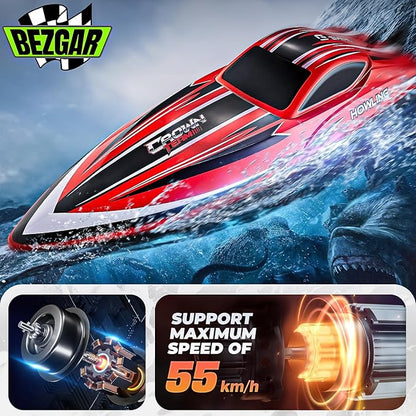 BEZGAR RC Boat 16 inch Big Brushless Remote Control Boat for Adults and Kids 55 KPH Large Fast RC Speed Boats with 2000mAh Battery Ideal Waterproof Toy Boats for Lakes - HJ818PRO Red (Pack of 2)