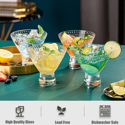 wookgreat Stemless Ribbed Martini Glasses Set of 6, 5oz Crystal Cocktail Glass, Margarita Glasses, Art Deco Coupe Glasses, Heavy Base Bar Glassware for Martini, Cosmopolitan, Gimlet, Dishwasher Safe