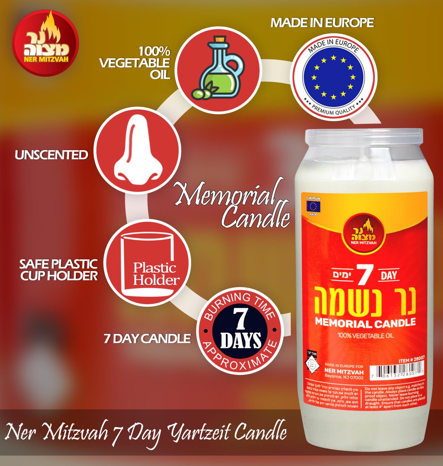Ner Mitzvah 7 Day Yartzeit Candle - 10 Pack Kosher Yahrtzeit Memorial and Yom Kippur Candle in Plastic Holder
