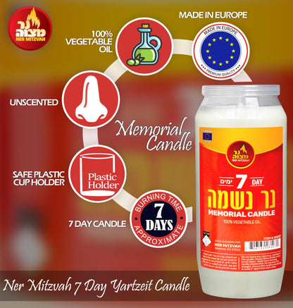 Ner Mitzvah 7 Day Yartzeit Candle - 10 Pack Kosher Yahrtzeit Memorial and Yom Kippur Candle in Plastic Holder