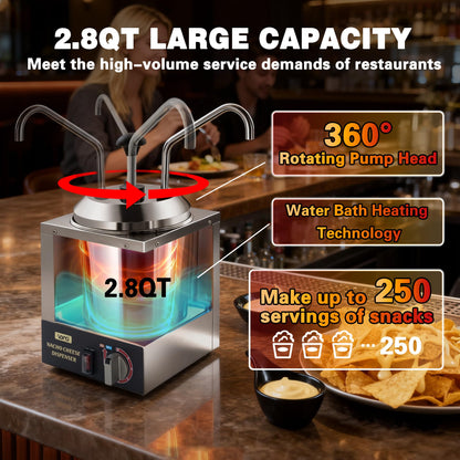 VONCI Nacho Cheese Dispenser, 2.8 Qt（2.5L）Nacho Cheese Warmer with Stainless Steel Pump, Hot Fudge Dispenser with 6-Level Temperature Control, Commercial Cheese Dispenser for Hot Fudge Cheese Caramel
