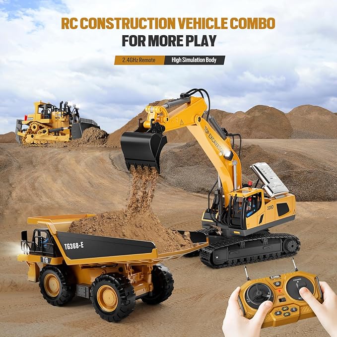 Remote Control Excavator Toy for Boys | 11-Channel Metal Construction Truck with Lights 2×1200mAh Batteries 120-Min Playtime | RC Excavator Toys for Kids Ages 3-12 STEM Gift for Birthday