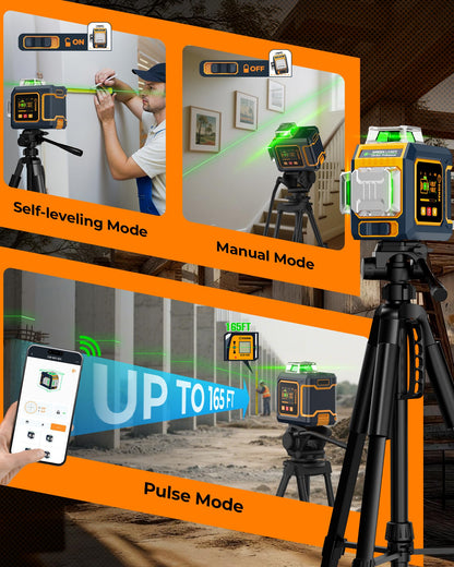 CIGMAN Green Laser Level, 3x360° Side LCD 12-Line Self-Leveling, Bluetooth App Remote, Pulse Mode for Receiver, ±1/8 in. at 33 ft Accuracy, 2x Li-ion (USB-C), 1/4-20 Mount, IP54, ABS Hard Case - S03