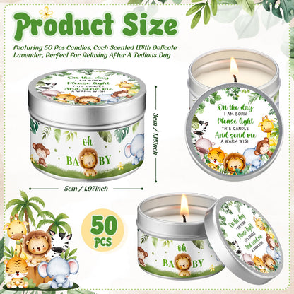 Threlaco 50 Pcs Baby Shower Party Favors Candles Lavender Scented Gender Reveal Candles Bulk for Party Favors Baby Shower Rustic Return Gifts(Jungle Animals)