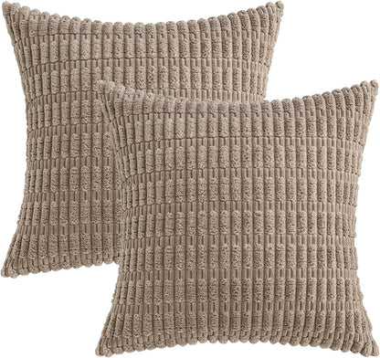 MIULEE Corduroy Throw Pillow Covers - Soft Boho Striped Design | 18x18 Inch Light Brown for Modern Home Decor