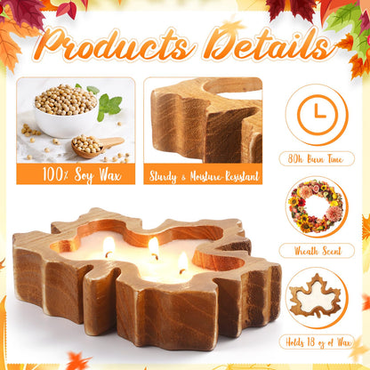 MTLEE 2 Pack Fall Wood Dough Bowl Candle, 8" Rustic Wooden Scented Candles, Farmhouse Autumn Decor for Thanksgiving Table, Home, Cozy Fall Gifts for Friend, Family(Wreath Scent,Maple Leaf)