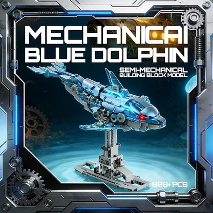 Mechanical Blue Dolphin Building Blocks Set with Hand-Crank &amp Motorized Movement Interactive Detailed Gear Design Display &amp Play Model Futuristic Ocean Animal Model