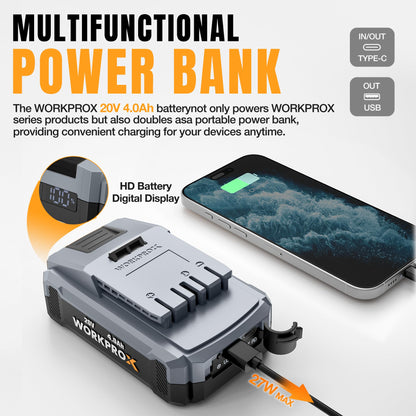 WORKPROX 20V Cordless Rotary Hammer Drill, 7/8" SDS-Plus, 2.0J Hammer Drill for Concrete with 4 Functions, Brushless Motor, 4.0Ah Battery & LED Light, Lightweight SDS Hammer Drill for Home Use